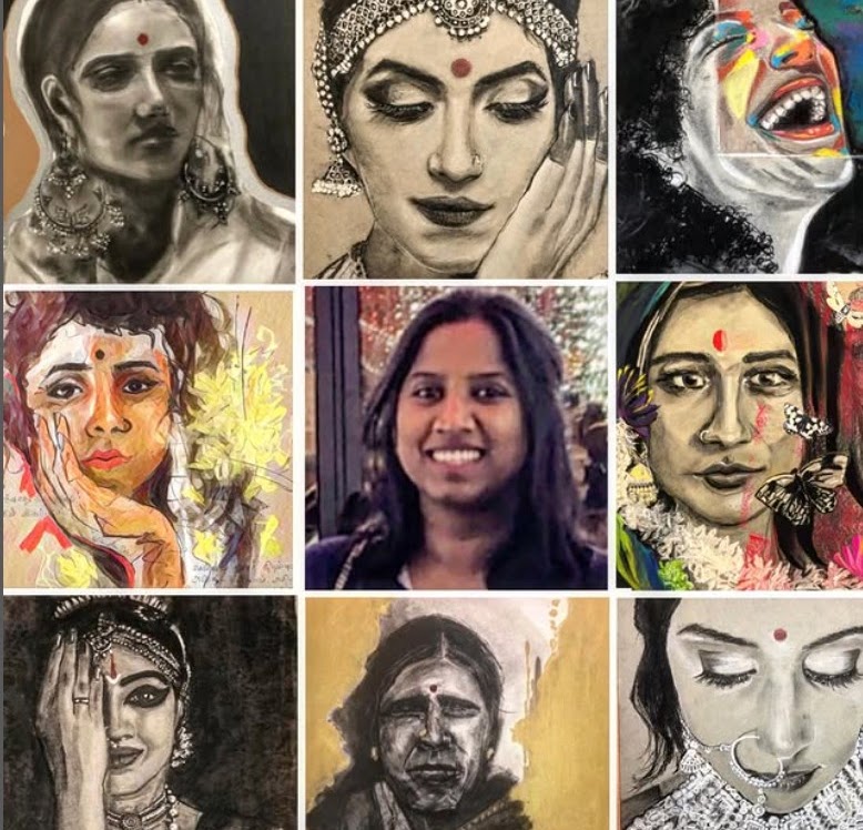 Collage of Bharathi's portrait drawings and paintings with her photo at center