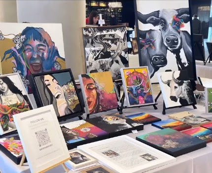 Bharathi with a group of friends holding her artwork at an exhibition booth